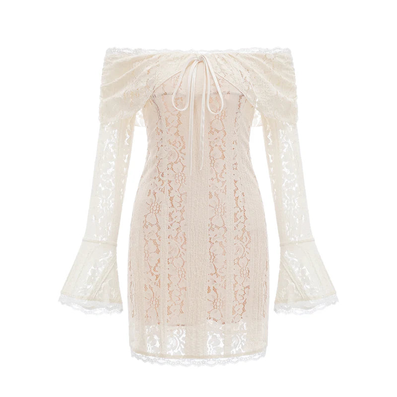 Émeline en dentelle florale mini-robe à boucles à bouffée en neutres