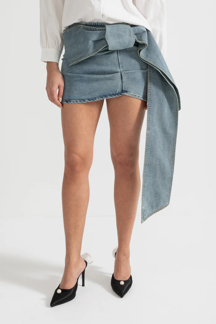 Denim Mini Skirt with Oversized Bow Detail - Blue