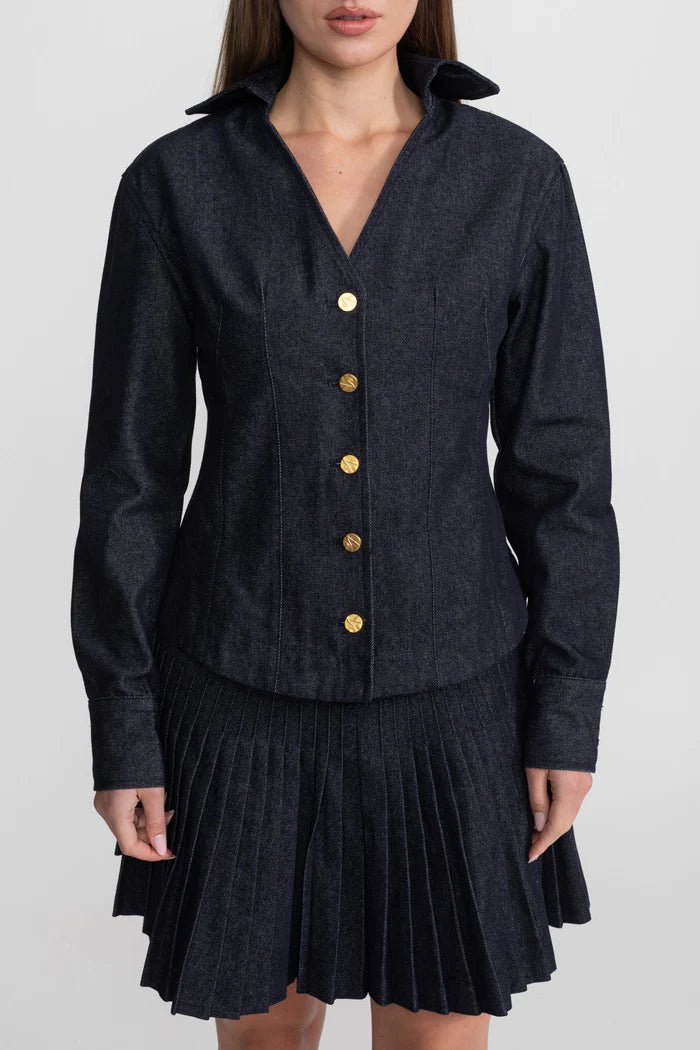 Denim Co-ord Set with Pleated Skirt and Gold Buttons - Dark Blue