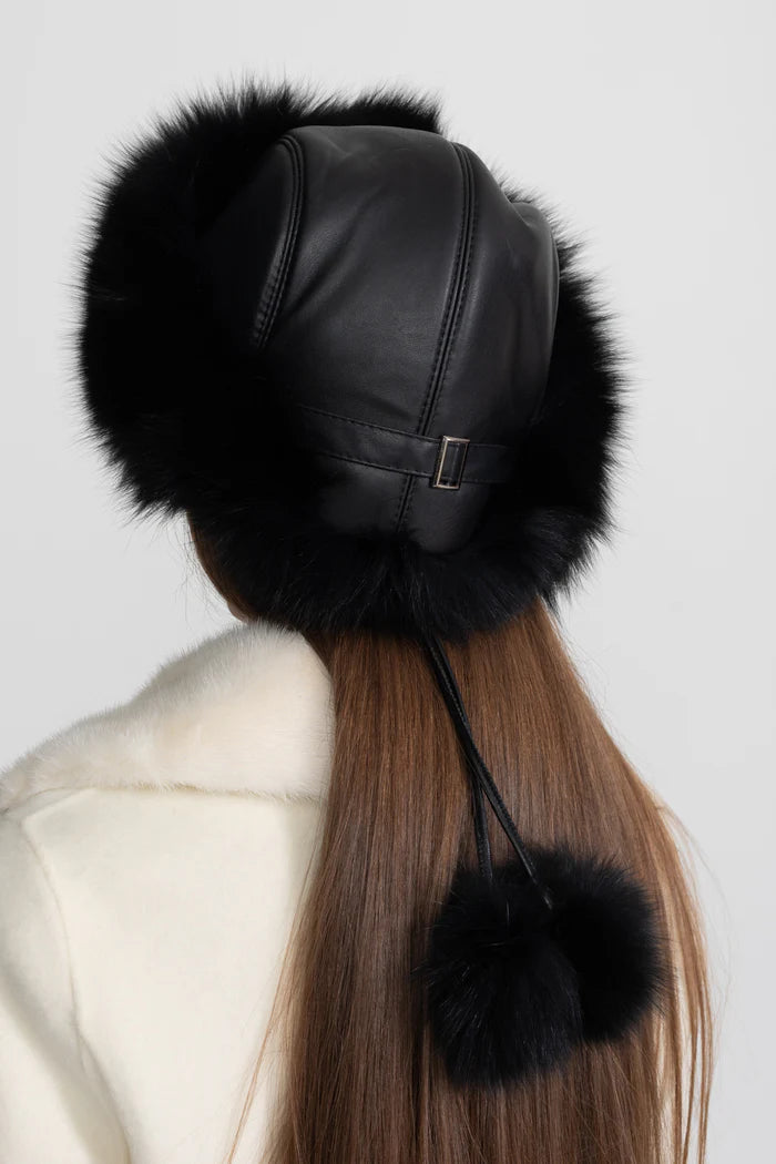 Fur Trimmed Hat With Pom-Pom Ties – Black