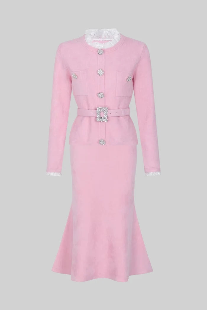 Long Sleeve Co-Ord With Fitted Knit Bodice And Crystal Button Detail - Blush Pink