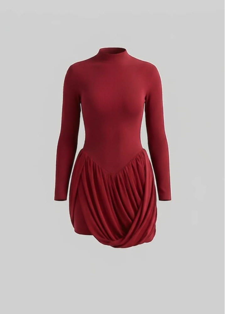 Long Sleeve Mini Dress With Draped Bubble Skirt - Red