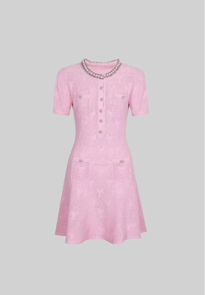 Textured Short Sleeve Mini Dress With Pearl Trim Neckline And Crystal Buttons - Pink