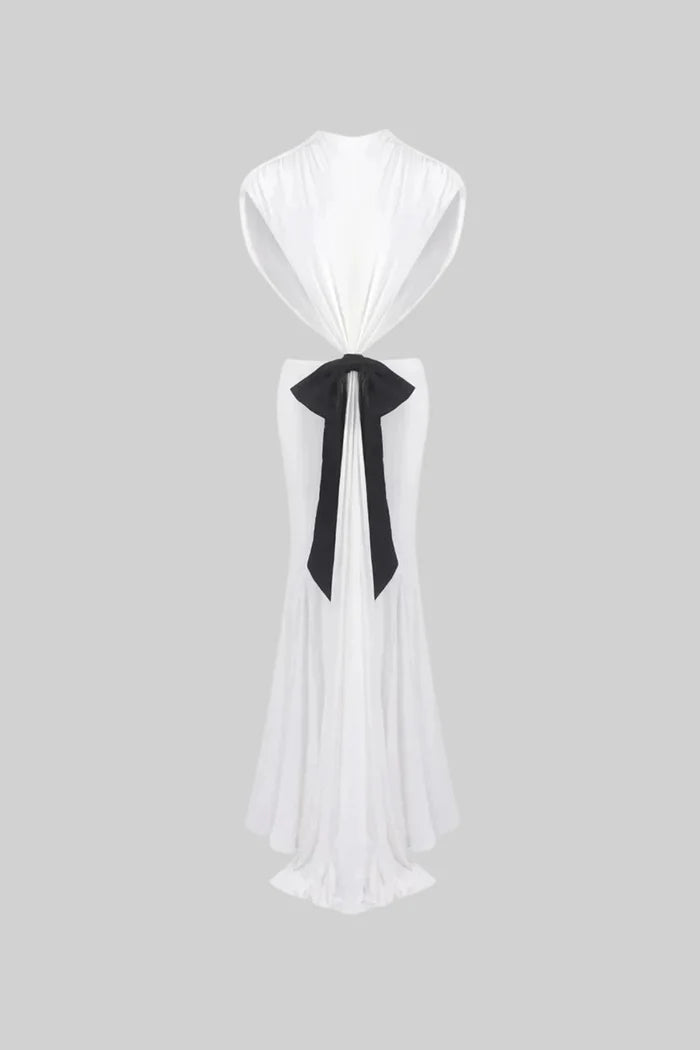 Open Back Draped Gown With Contrasting Bow Detail – White