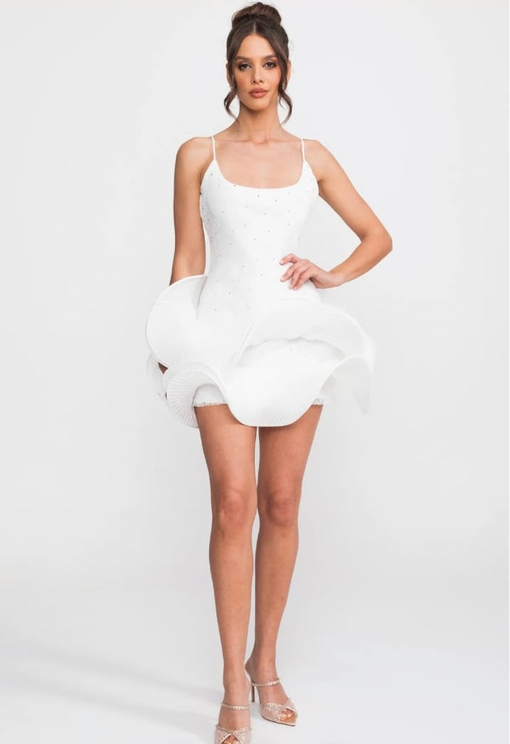Babydoll Mini Dress With Sparkling Embellishments And Ruffled Peplum Skirt - White