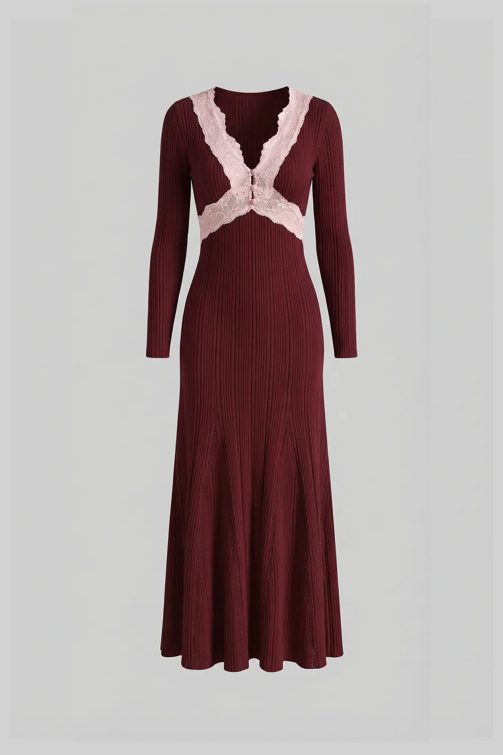 Ribbed Long Sleeve Midi Dress With Lace-Trim V-Neckline