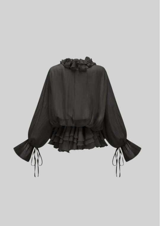 FLOWING SHEER DRESS WITH FLORAL APPLIQUES AND LONG PUFFY SLEEVES - BLACK