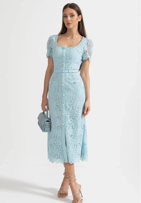 Delicate Azure Lace Midi Dress - Baby Blue