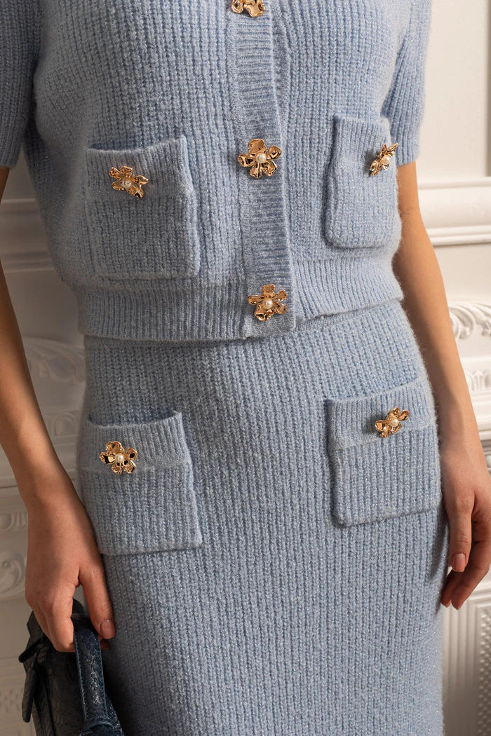 Elegant Knit Set With Front Pockets And Gold Buttons - Blue