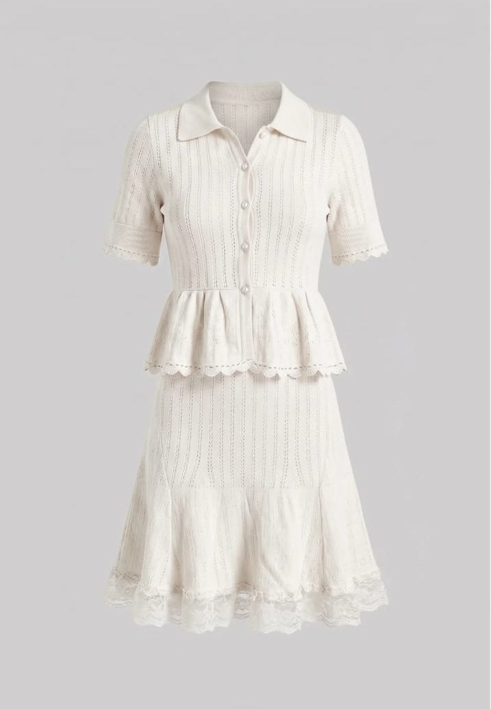 Polo Collar Knit Mini Dress with Button Top, Peplum Waist and Lace Hem - White
