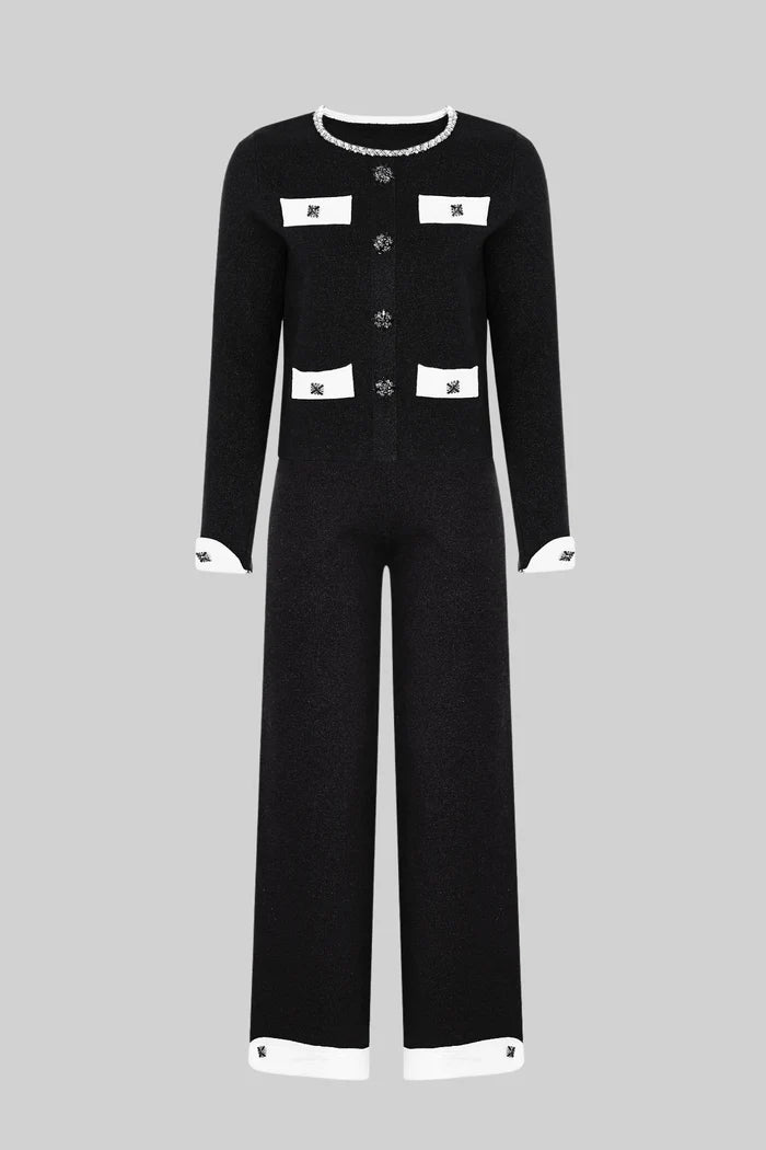 Long Sleeve Knit Co-Ord Set With Contrast Trim And Sparkling Embellishments - Black