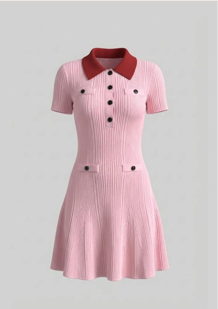 Ribbed Short Sleeve Mini Dress With Contrast Collar And Button Front Detail - Blush Pink