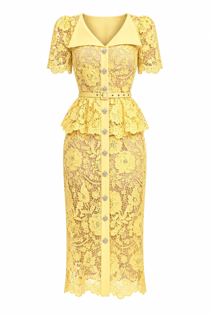 Crystal-Button Lace Peplum Midi Dress - Yellow