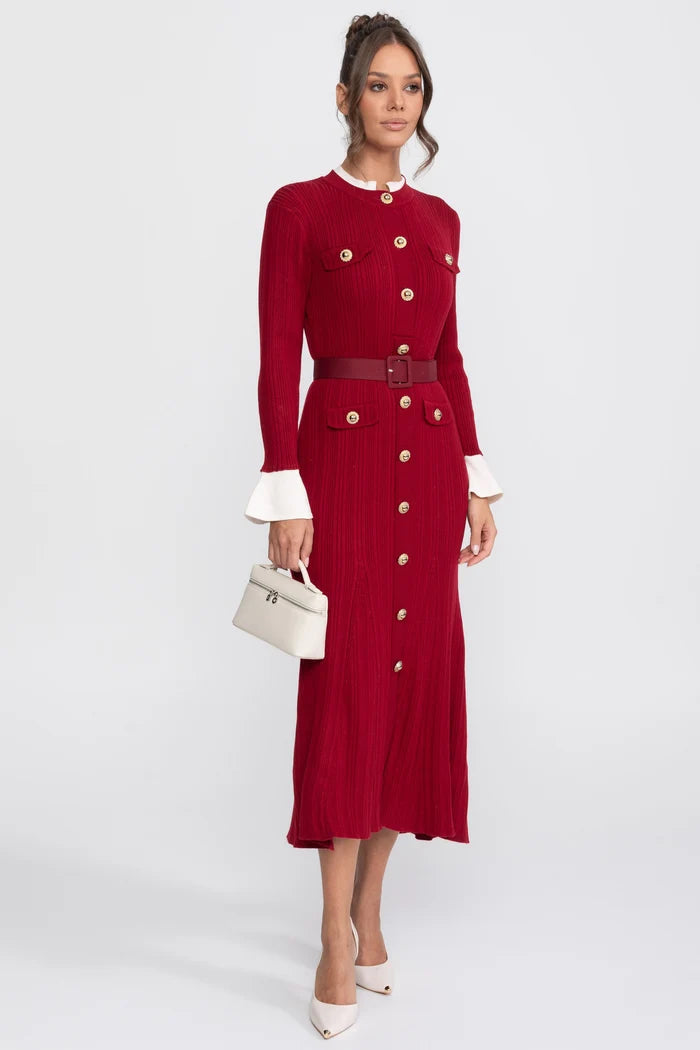 Ribbed Knit Belted Midi Dress With White Cuffs And Collar - Red