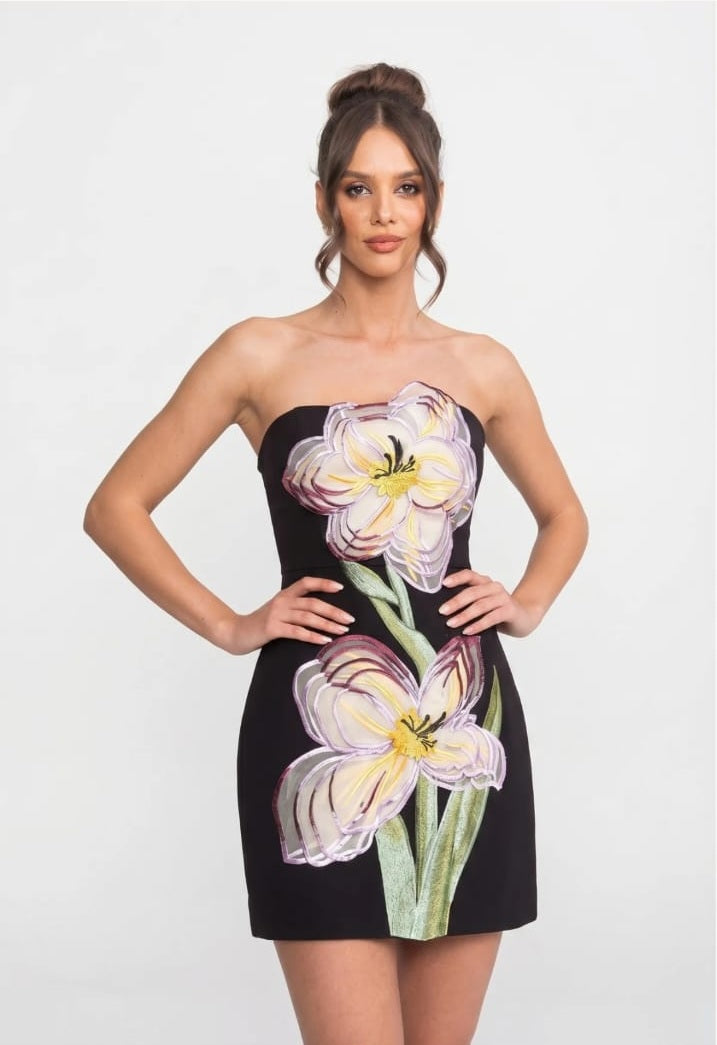Strapless Short Dress with 3D Iris Floral Appliqué - Black