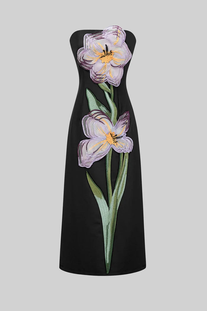 Strapless Floral-Print Midi Dress With Column Silhouette - Black