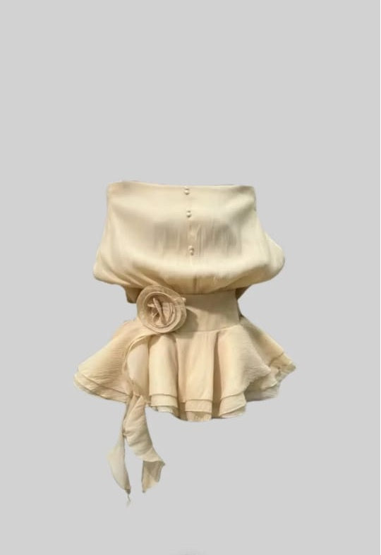 ELEGANT MINI DRESS WITH PEPLUM HEM AND ROSETTE WAIST EMBELLISHMENT - WHITE