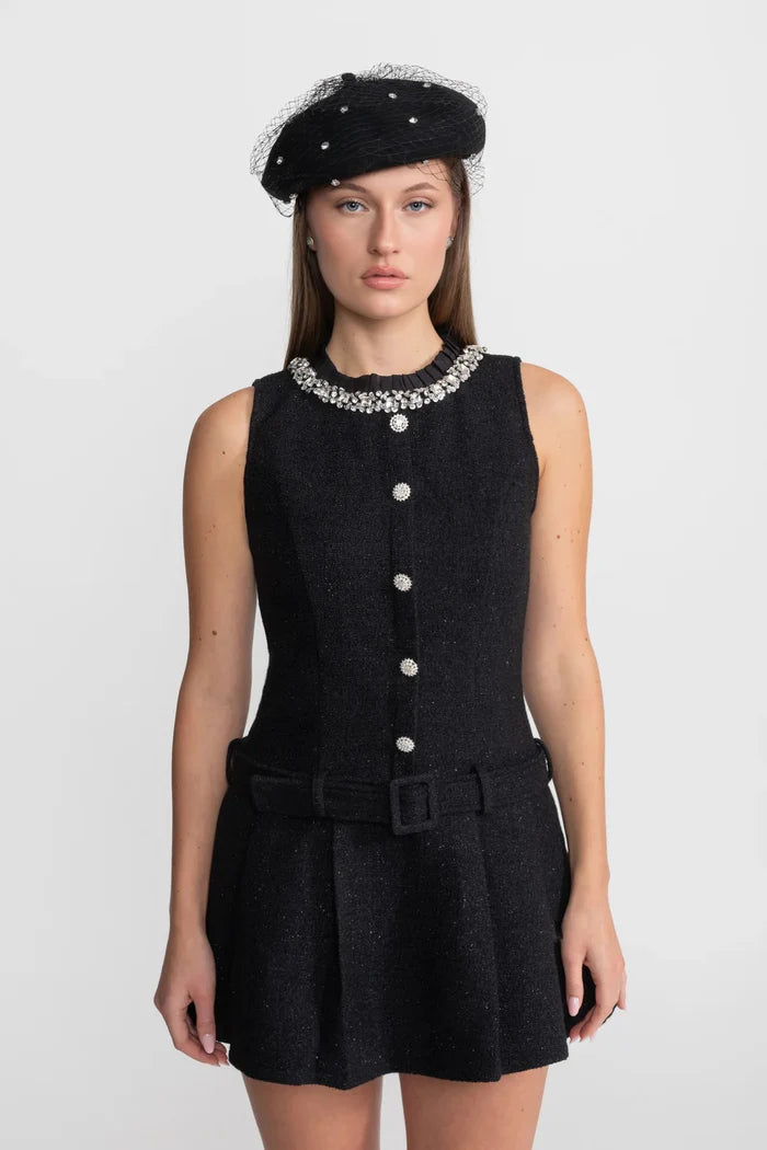 Crystal-Embellished Tweed Mini Dress With Belt – Black