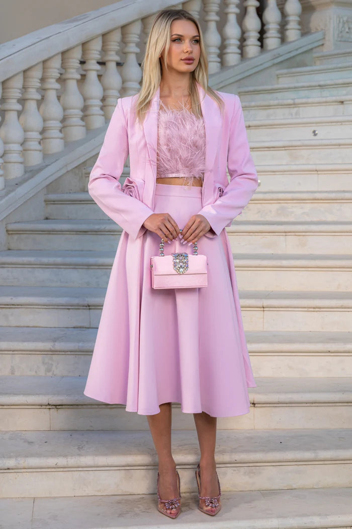 Long Sleeve Floral Blazer with Midi Skirt - Pink