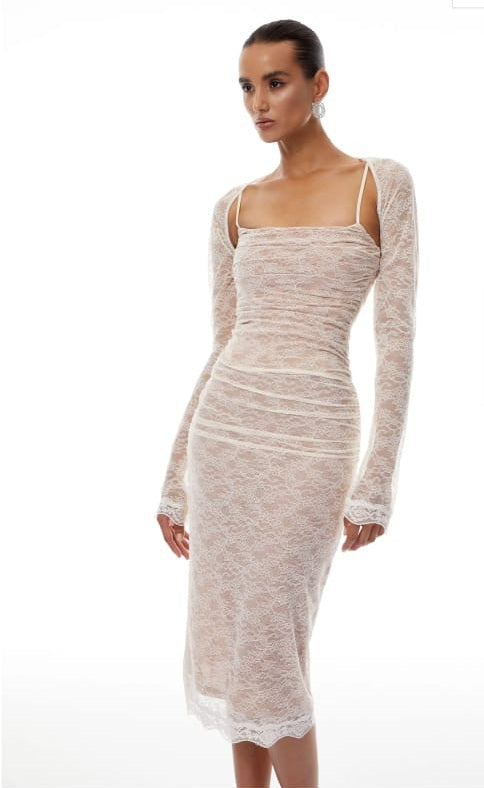 Valérie Neutral Floral Lace Ruched Shawl & Dress Set