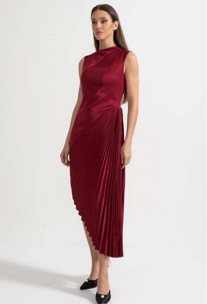 Asymmetrical Sleeveless Dress With Pleated Detailing Midi Skirt - Red