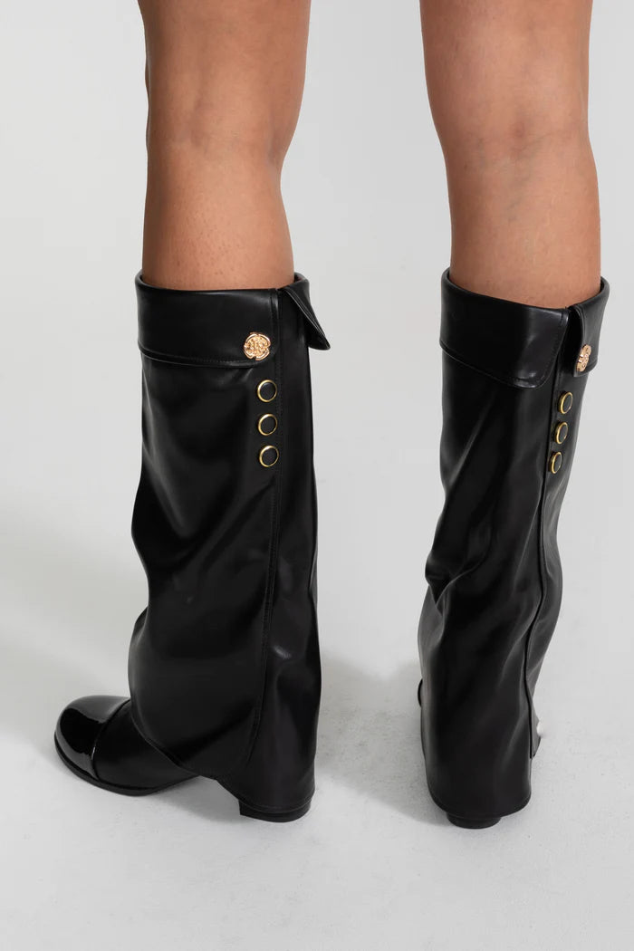 Folded Knee-High Boots With Patent Cap Toe – Black