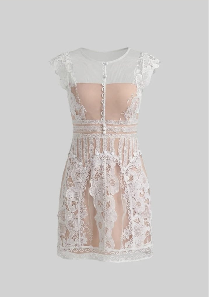Cap Sleeve Mini Dress With Sheer Yoke And Pearl Button Detail - Ivoire