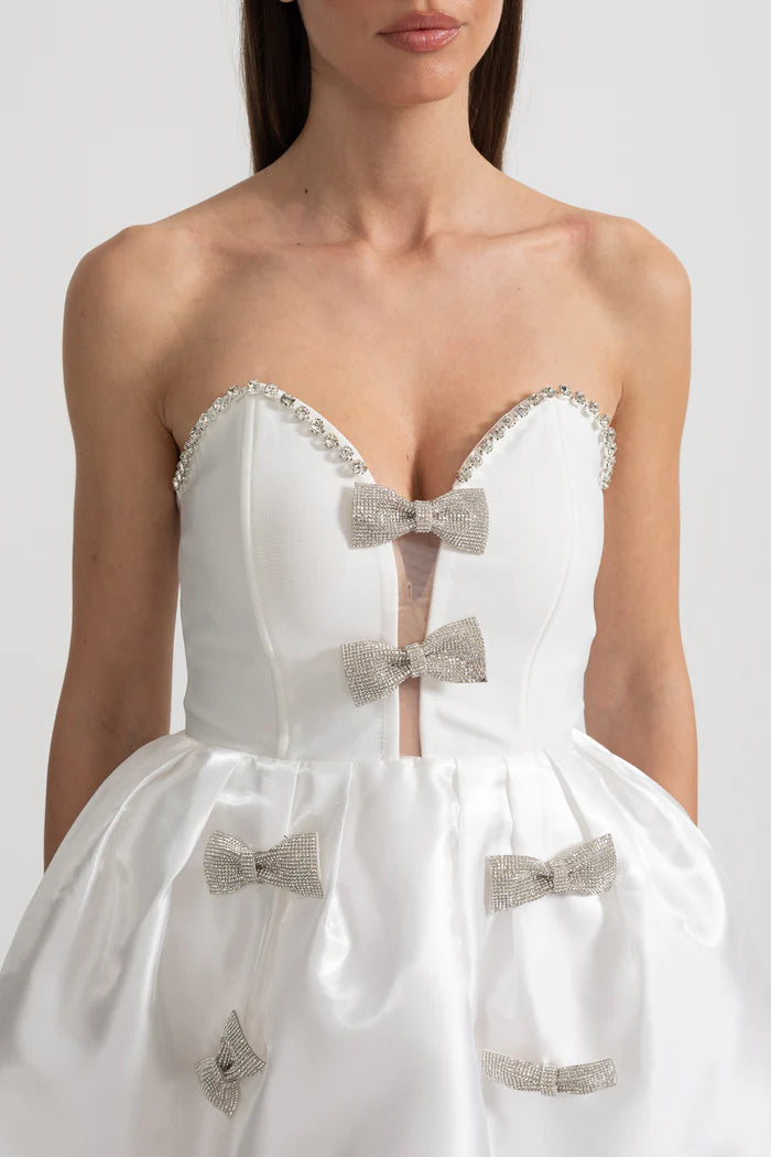 Strapless Mini Dress with Crystal Bow Embellishments - White