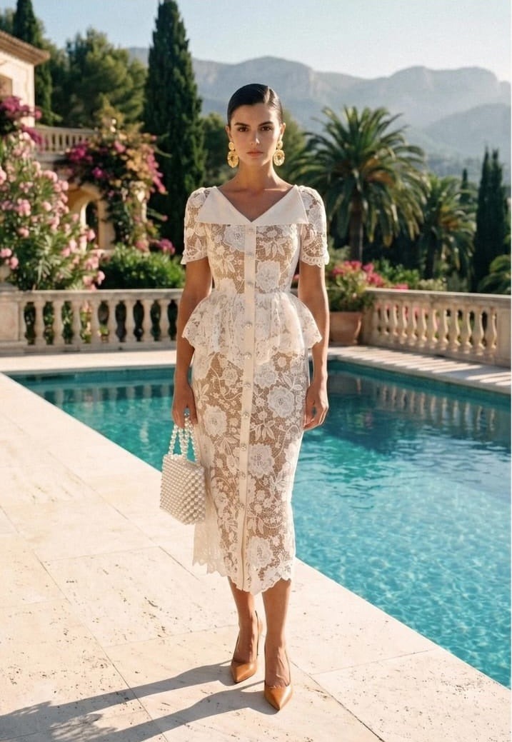 Lace Midi Dress with Peplum Waist and Satin Collar - Ivoire