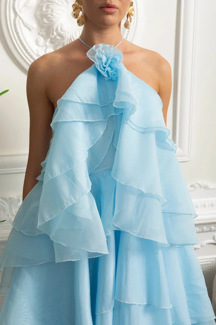 Halter Tiered Ruffle Maxi Dress - Sky Blue