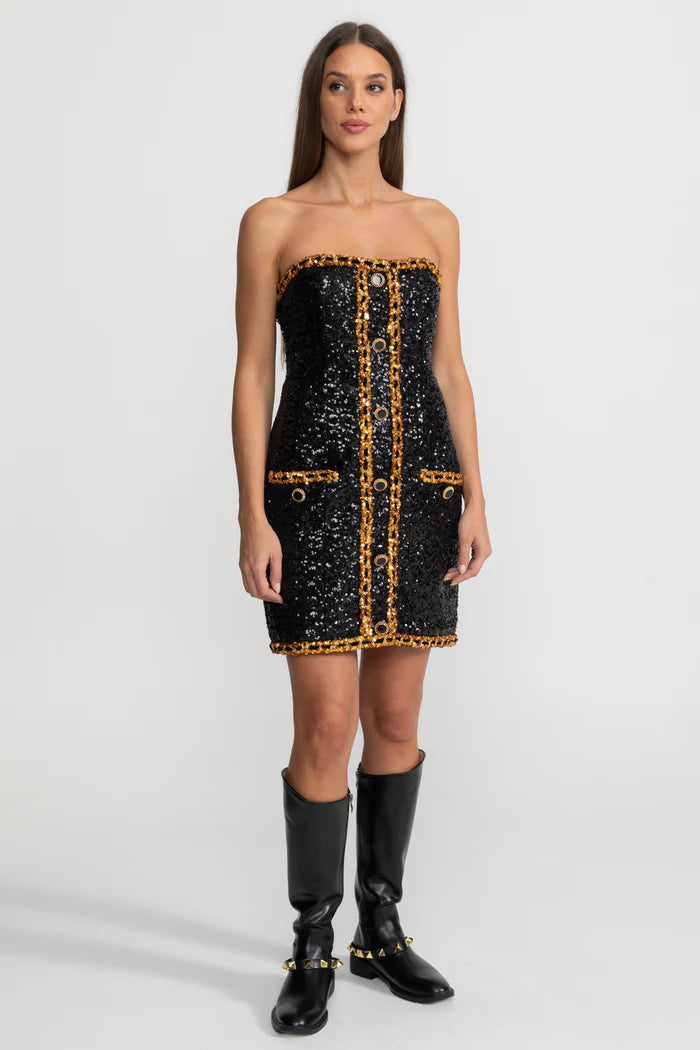 Strapless Sequin Mini Dress With Chain Trim Detailing – Black