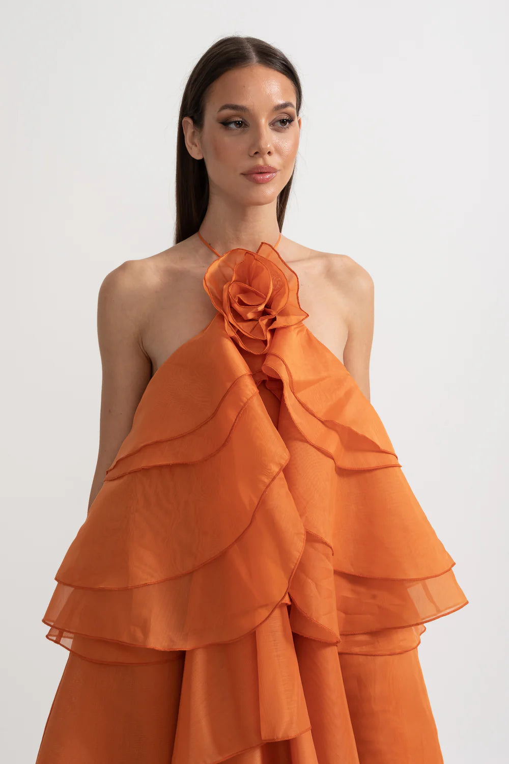 Layered Ruffle Halter Dress With Decorative Neckline Flower - Orange