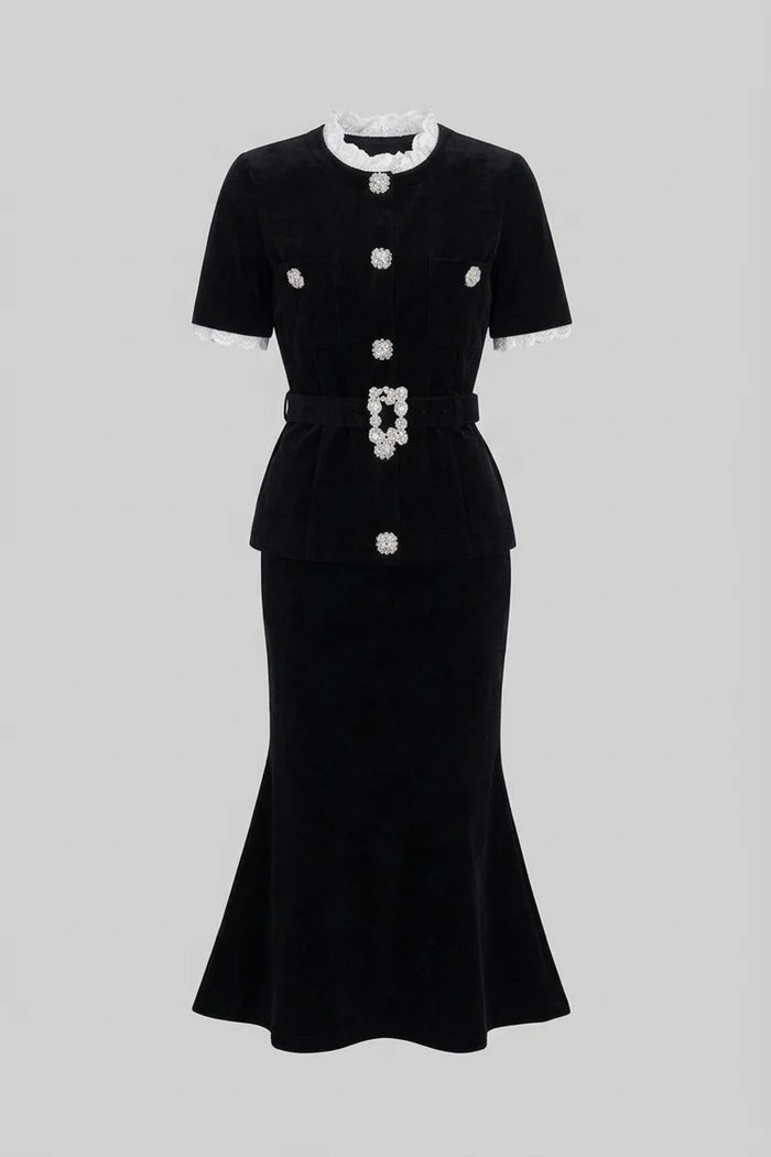 Short Sleeve Co-Ord With Peplum Waist And Crystal Button Belt - Black