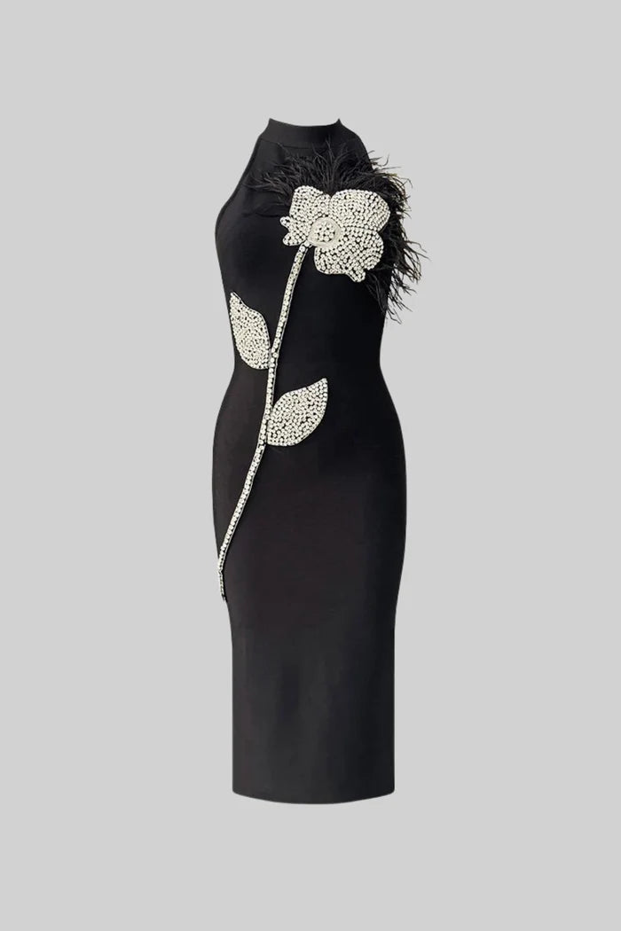 Floral Embellished Midi Dress With Feather Detailing – Black