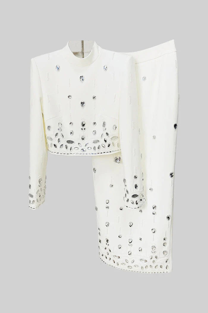 Diamond Embellished Co-Ord with Maxi Skirt - White