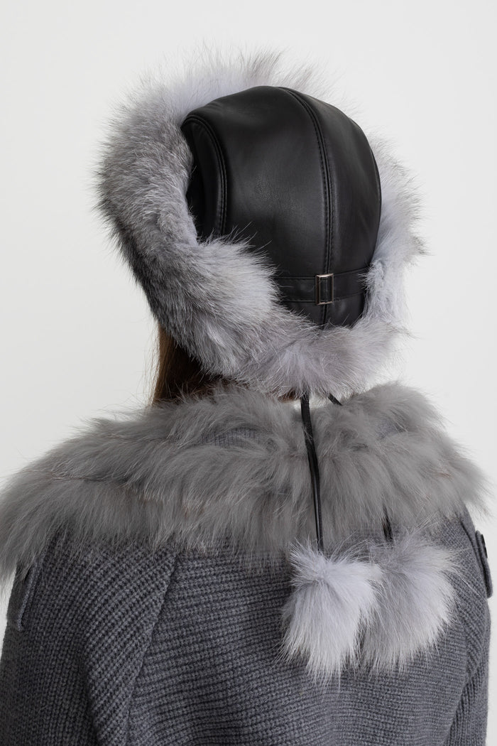 Fur Trimmed Hat With Pom-Pom Ties – Grey