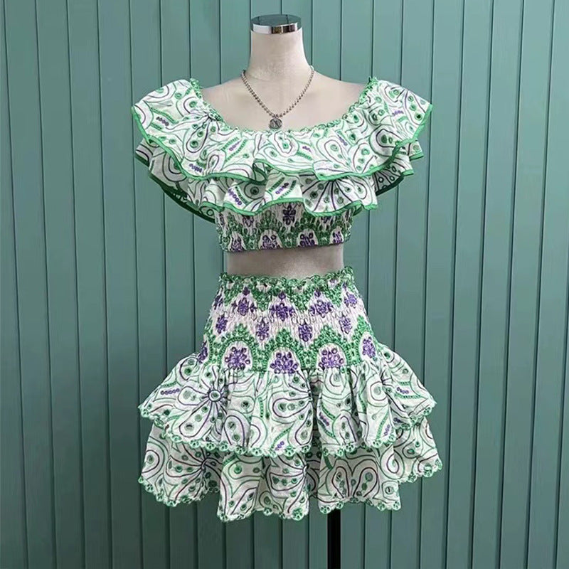 cut-out one-shoulder crop top + ruffle skirt set