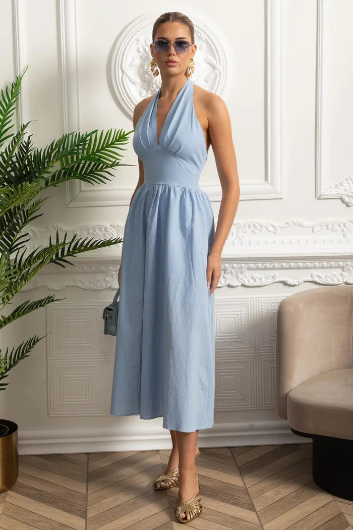 Halterneck Midi Dress With A-line Gathered Skirt - Blue