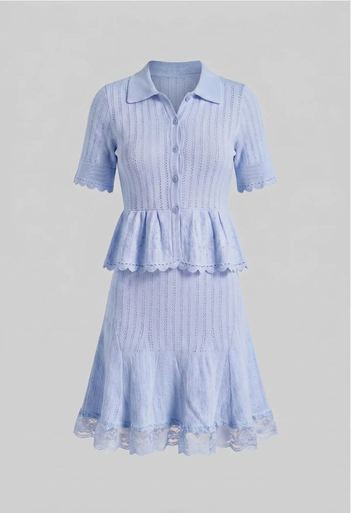 Polo-Collar Mini Dress With Button Top, Peplum Waist And Lace Hem - Blue