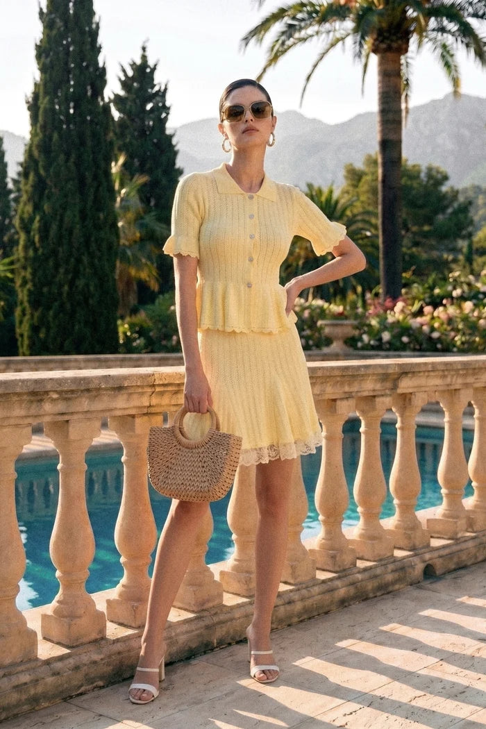 Peter-Pan Collar Knit Peplum Co-Ord set With Lace Hem - Yellow