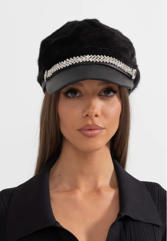 Mink Fur Hat With Leather Visor - Black