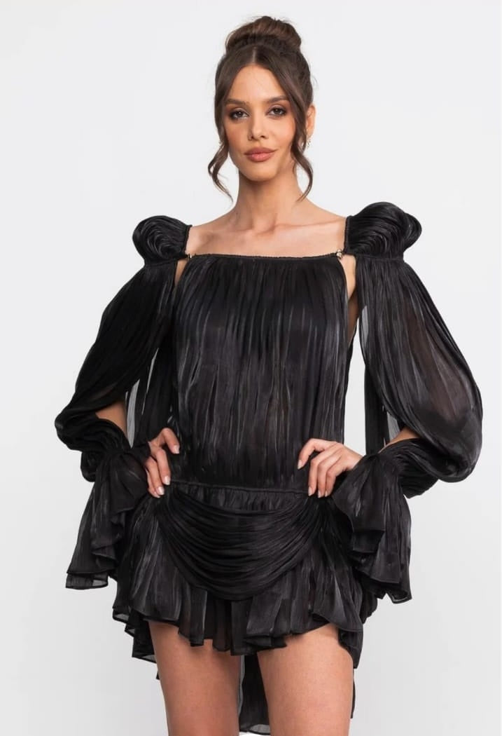 Sheer Draped Mini Dress With Cape Sleeves And Gold Clip Detail - Black