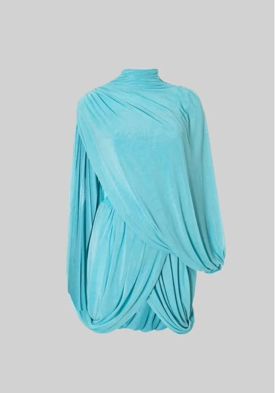 Asymmetric Pleated Mini Dress - Turquoise