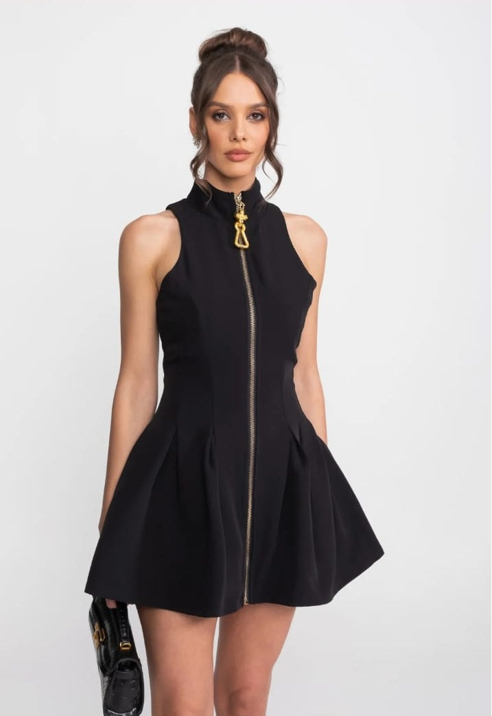 Sleeveless Mini Dress With Gold Front Zipper - Black