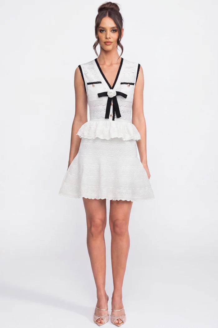 Peplum Knit Mini Dress With Contrast Trim And Bow - White