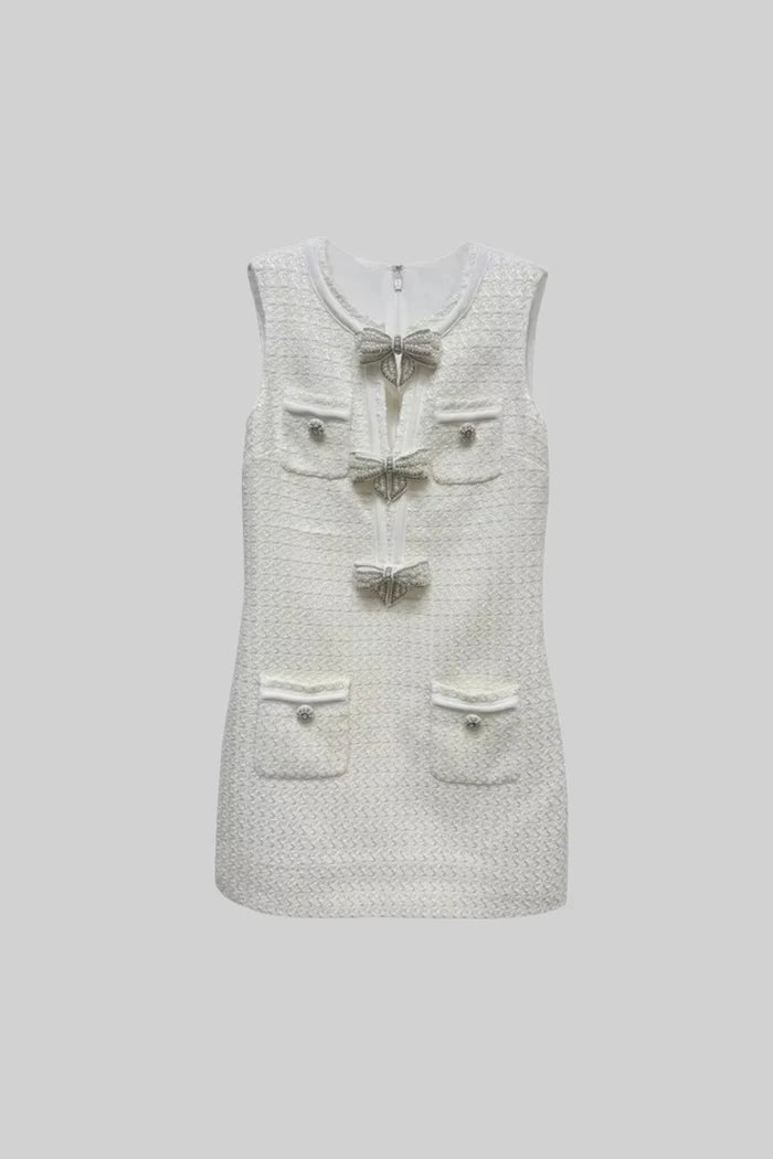 Textured Sleeveless Dress With Metal Embellished Bows - White