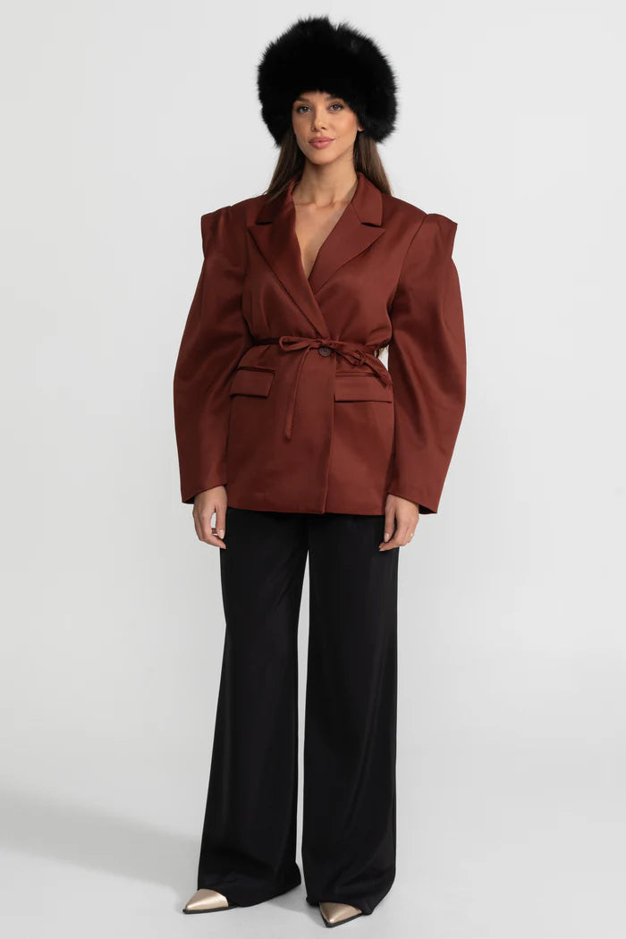 Structured Satin Blazer With Tie Belt - Chestnut Brown