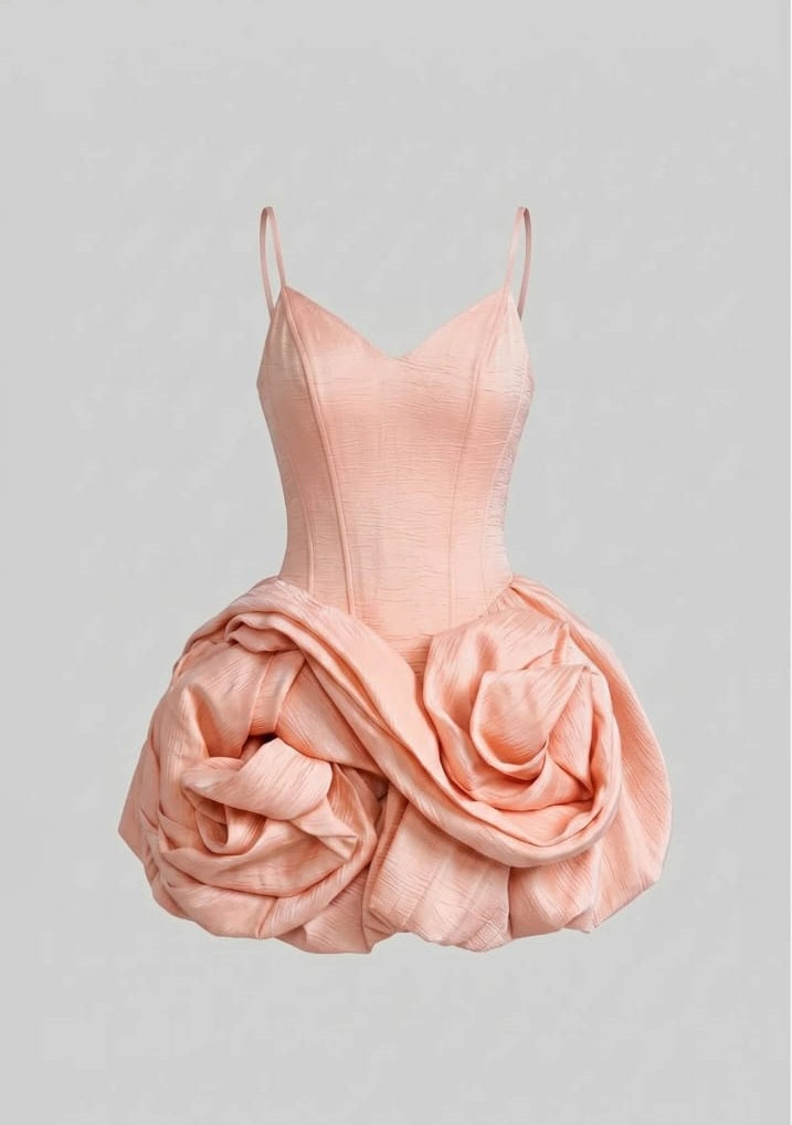 Spaghetti Strappy Velvet Mini Dress with 3D Pink Skirt - Pink