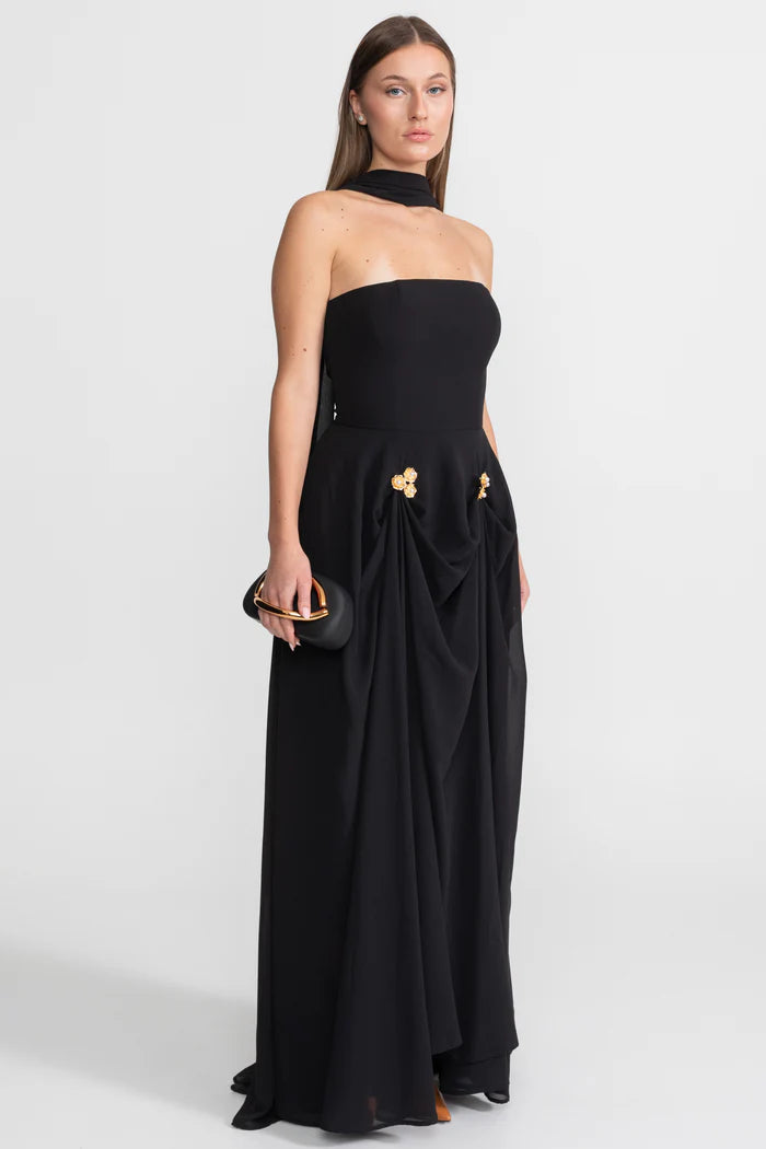 Strapless Draped Gown With Gold Flower Embellishments – Black