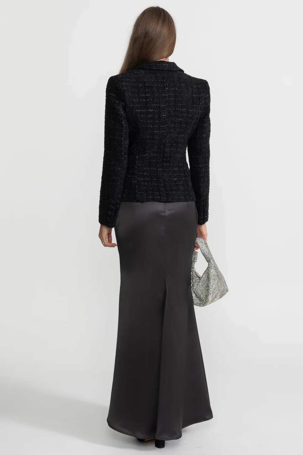 Tweed Blazer and Satin Maxi Skirt Co-Ord Set – Black